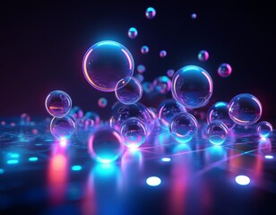 Floating Bubbles Illuminated by Neon Lights on a Dark Surface