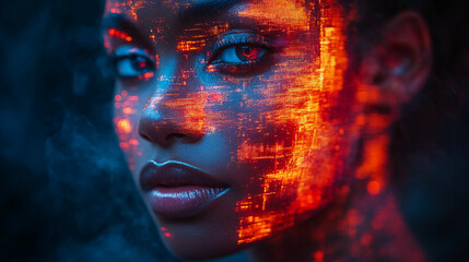 Glitch art effect on a human face, fragmented visuals with digital distortion, abstract futuristic style