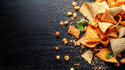 A pile of assorted crunchy snacks and chips in various shapes and colors on a wooden surface