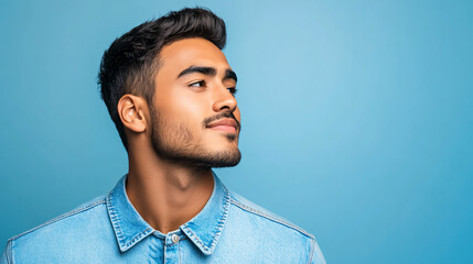 Obraz premium A handsome Hispanic man in casual clothes, relaxing and smiling confidently in a profile pose.