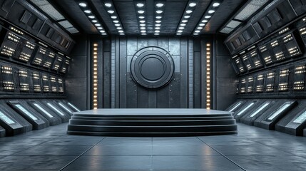 Futuristic Metal Room With Circular Stage And Lighting