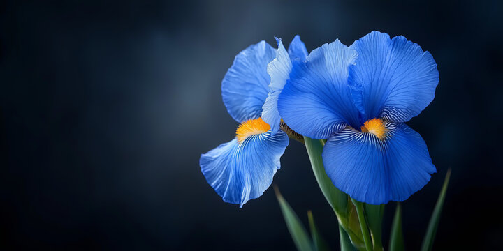 Blue iris flowers with orange center, vibrant floral detail against dark background.
