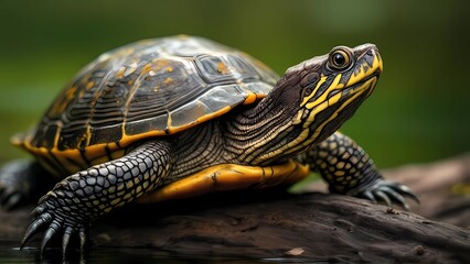 Obraz premium A Turtle Rests on a Log in Calm Water, Showcasing Nature’s Tranquility and Wildlife Beauty in a Serene Environment