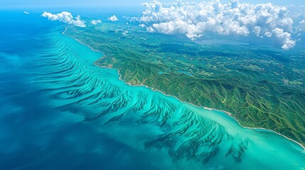 Aerial view of turquoise coastline and lush green hills.  Possible use Travel brochure