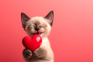 Cute burmese baby feline with companion toy red heart - sign of love, funny greeting card. Burmese - my treasured cat. Commercial visual idea. Cute kitten valentine's day. Love and friendship.