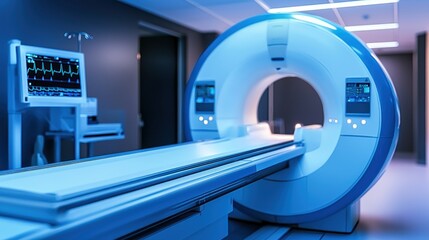 MRI machine in hospital hallway, patient preparation, medical technology, healthcare