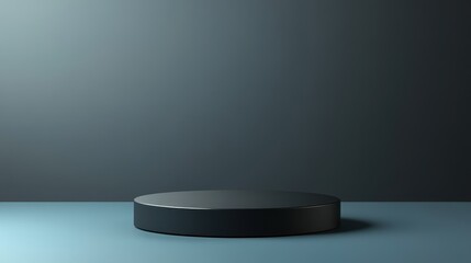 A Dark Cylindrical Platform Against A Blue Wall