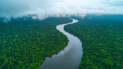 Fototapeta premium Amazon River winding through lush rainforest. Aerial view. Possible stock photo use