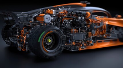 Fototapeta premium Orange race car cutaway engine detail, dark background, technology illustration