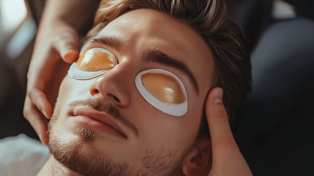 A handsome young man with under-eye patches is enjoying a facial massage using a roller at a beauty salon.
