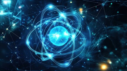 Obraz premium Blue Atomic Model with Luminous Orbital Rings