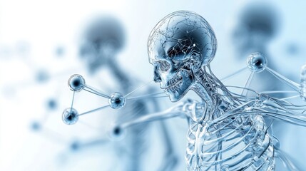 Abstract skeletal figures, molecular connections.