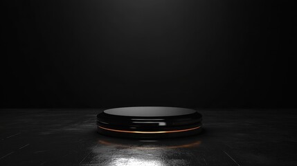Black Circular Platform With Orange Accents On Dark Floor