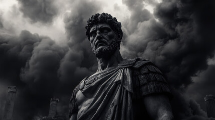 Obraz premium Majestic roman emperor statue against dramatic stormy clouds and ancient columns in a dark, ominous setting with historical significance