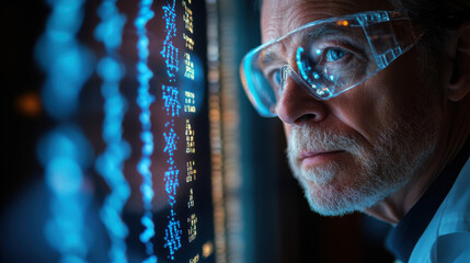 Elderly man analyzing digital data with futuristic screen display, wearing protective glasses in high-tech environment