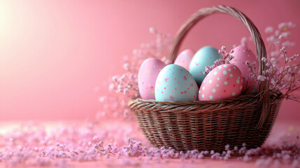 Naklejka premium Colorful Easter eggs in basket pink purple violet background, Holidays, copy space, greeting cards