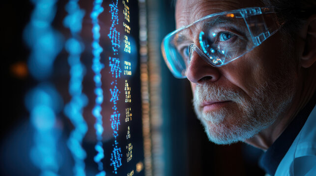 Elderly man analyzing digital data with futuristic screen display, wearing protective glasses in high-tech environment