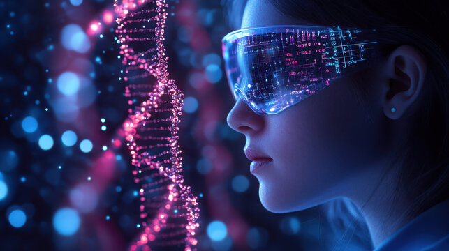 Futuristic woman wearing ar glasses analyzing digital dna strand in innovative virtual reality environment with neon lights - Powered by Adobe