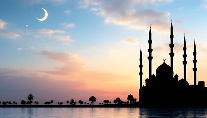 Naklejka premium Mosque Silhouette Against Sunset Sky with Crescent Moon Over Water