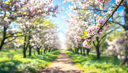 Naklejka premium Walking Path Under Blooming Cherry Trees in Springtime with Blue Sky