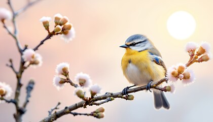 Fototapeta premium Eurasian Blue Tit Bird Perched on Blooming Branch at Sunrise
