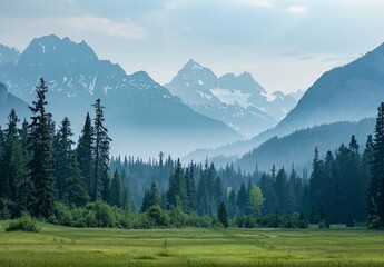 a grassy field with trees and mountains in the background
