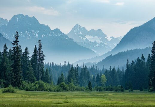 a grassy field with trees and mountains in the background