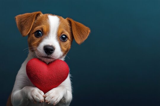 Cute jack russell terrier dog with companion toy red heart - sign of love, funny greeting card. Digital ads idea. Jack russell terrier - my beloved dog. Dog and roses. Love concept. Pet love.