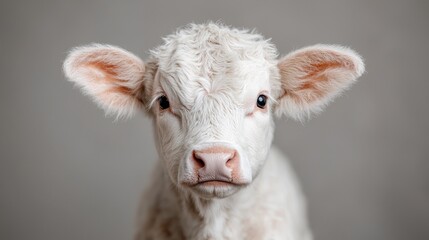 Obraz premium Cute White Calf Portrait Against Gray Background. Potential Use Stock photo for animal welfare, farm life, or baby animals