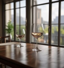 Empty wine glass on a luxurious table next to the window , table, refined