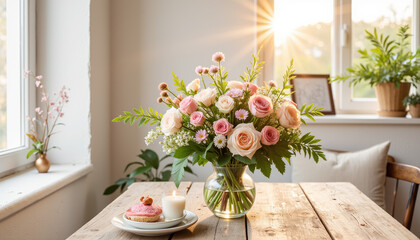 Beautiful Bouquet with blush and cream flowers on a wooden table in a sunlit room