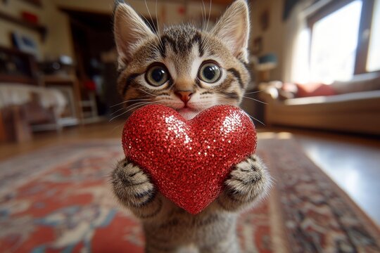 Cute pixiebob feline infant with sparkling rhinestones red heart at cozy domicile. Pixiebob - my treasured cat, symbol of care. Digital ads companion layout art. Valentine's day whisker moment.
