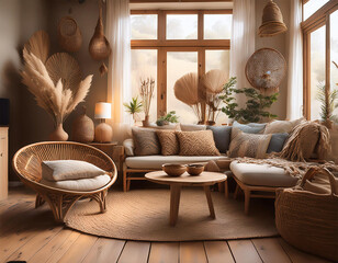 cozy living room with rustic wooden furniture ambient lighting warm earth tones bohemian style digital painting intricate details closes up