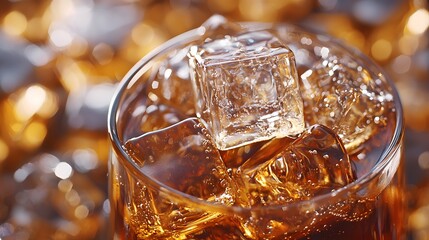 Glass of whiskey and cold brew coffee with ice cubes on a wooden table in a cozy setting