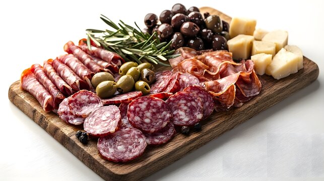 Wooden cutting board with a charcuterie selection of meats olives and garnishes on a rustic background