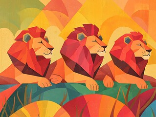 Illustrated poster lions with stylized geometric manes resting in a colorful savannah, Swiss-inspired