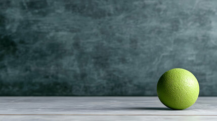 Green sphere on table, textured background.  Product mockup
