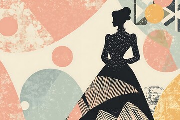 Illustrated silhouette a Victorian dress with bold geometric patterns in soft pastel hues