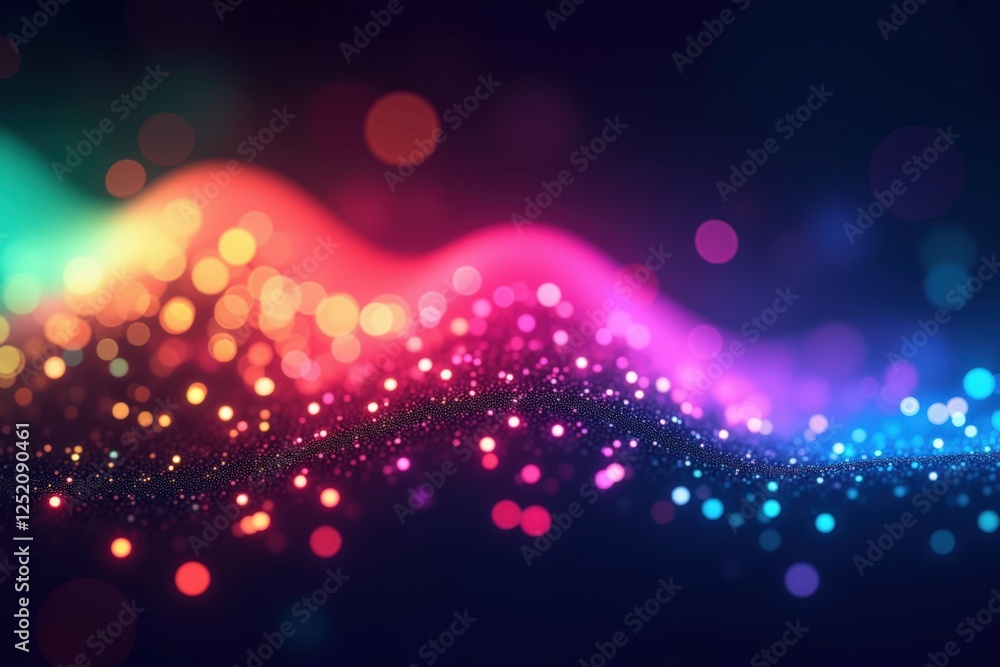 Poster abstract representation of vibrant colorful waves with dynamic lights and bokeh effects in a dark ba