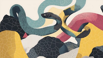 Illustrated poster featuring snakes coiled in geometric loops over abstract rocks, minimalist Swiss design