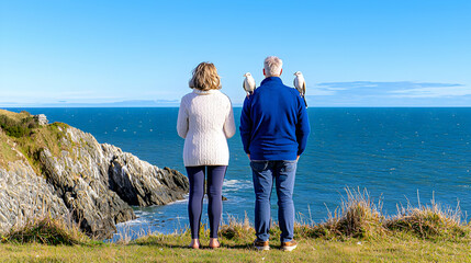 Fototapeta premium Couple with birds, coastal cliff view, ocean background, travel