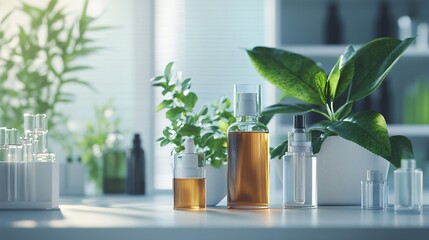 Blank Label Cosmetic Bottle Displayed with Green Leaf