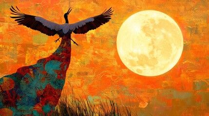 Crane in Flight under Harvest Moon Abstract Nature Art