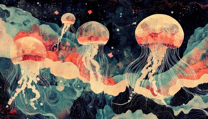 Illustrated poster featuring jellyfish with translucent geometric patterns floating in an abstract sea, Swiss design