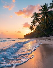 Fototapeta premium Tropical Beach Sunset with Palm Trees and Gentle Waves Rolling in