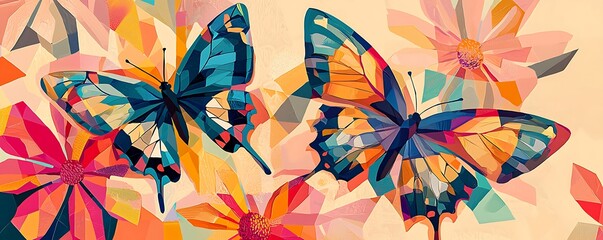 Illustrated poster abstract butterflies with polygonal wings fluttering over geometric flowers, vibrant Swiss design