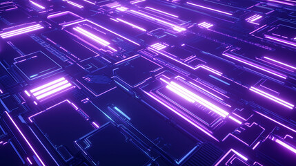Futuristic digital background with neon-blue cyber grid, glowing circuit patterns pulsing with energy, dark metallic surfaces contrasting with neon highlights, floating data particles enhancing sci-fi