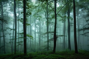 Obraz premium Lush Green Forest with Misty Fog Covering the Canopy