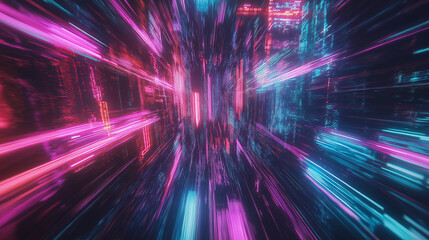 Flowing neon light streaks in cyan, pink, and purple weaving through a deep digital void, creating an abstract high-speed data transfer effect with motion trails and energy.