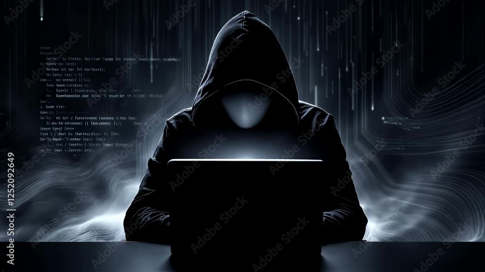 Poster silhouette of a hacker working on laptop in dark setting with digital background